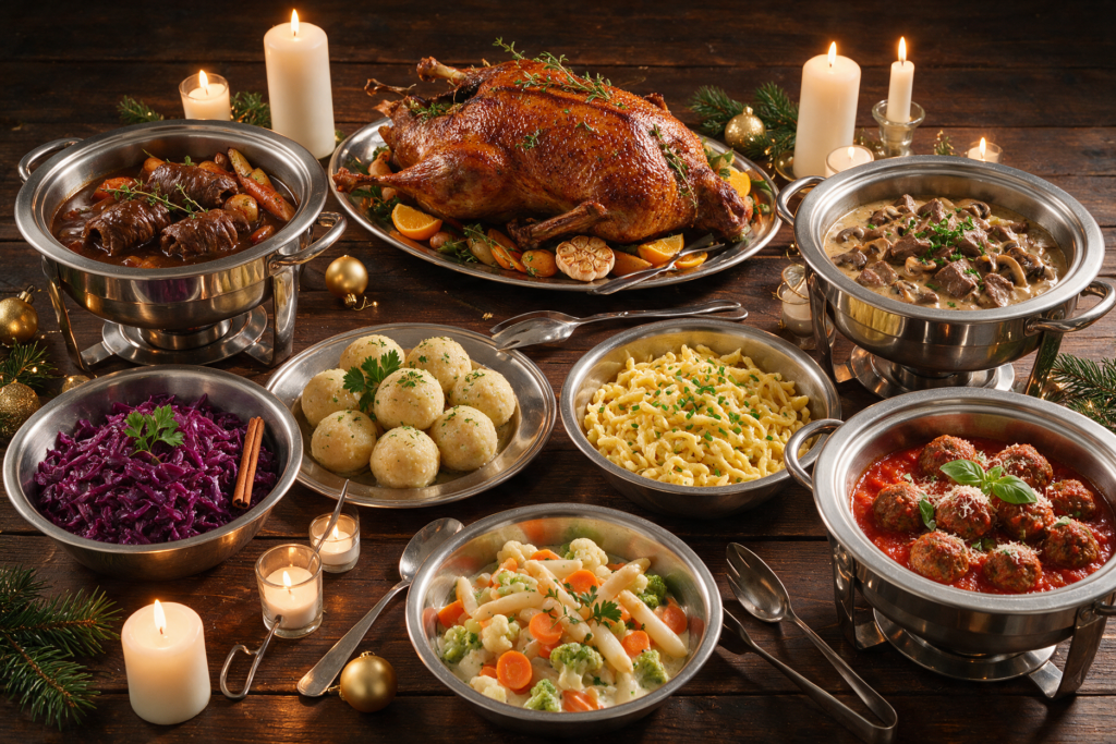 Weihnachtsbuffet mit Gänsebraten, Rinderroulade, Kalbsrahmgulasch, veganen Polpette, Rotkohl, Kartoffelklößen, Butterknöpfle und Rahmgemüse