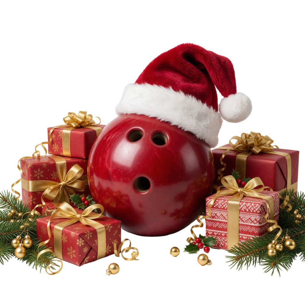 Bowlingkugel mit Weihnachtsmütze und Geschenken – Weihnachtsfeier bei Main-Bowling in Frankfurt