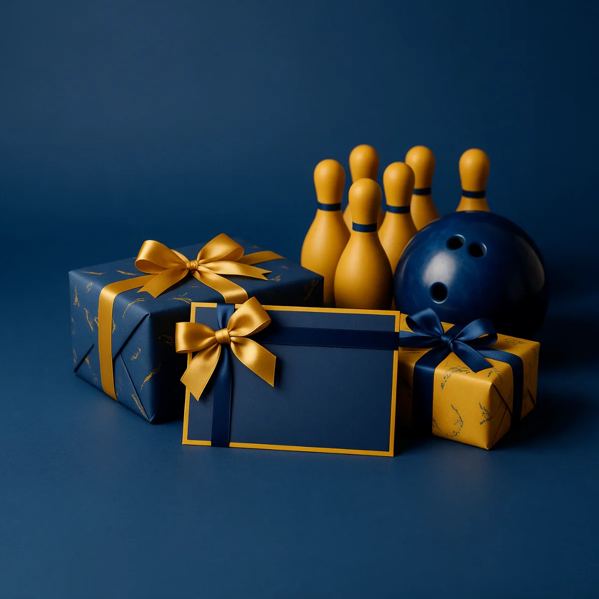 Geschenkgutschein mit Schleife, Geschenkpakete, Bowlingkugel und Bowling-Pins in Nachtblau und Gelb